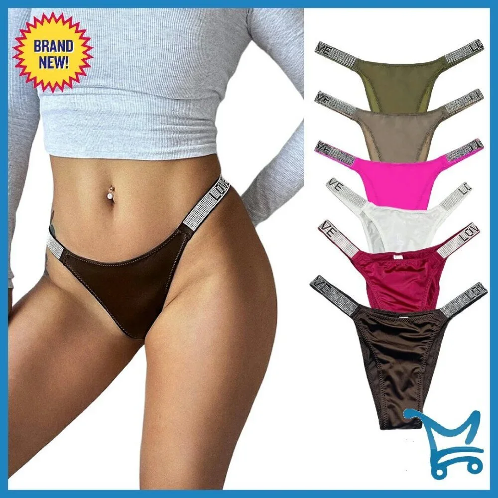Ice Silk Rhinestone Thongs 6-Pack Low Waist High Cut T-Back Panties
